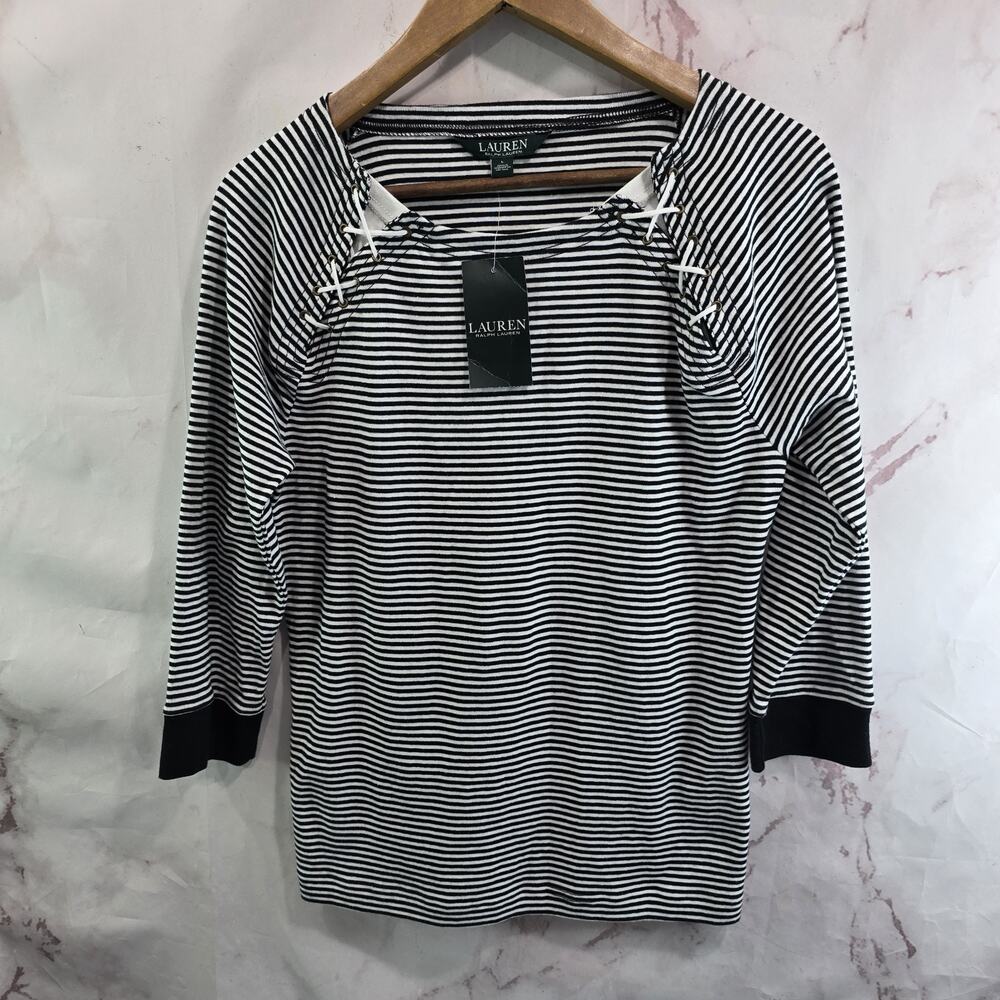 Lauren Ralph Lauren Shirt Womens Large Black White Striped Criss Cross Tee T NEW